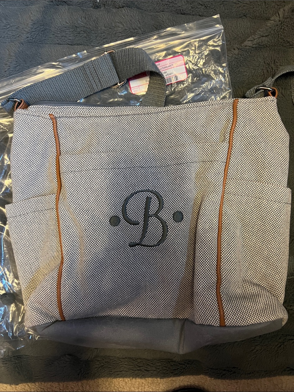thirty-one Gray Canvas Crossbody Tote with Brown Trim and 'B' Monogram